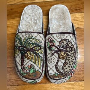 Tory Burch Brown Monogram Fur Cheetah Mules Slides in Size 6.5